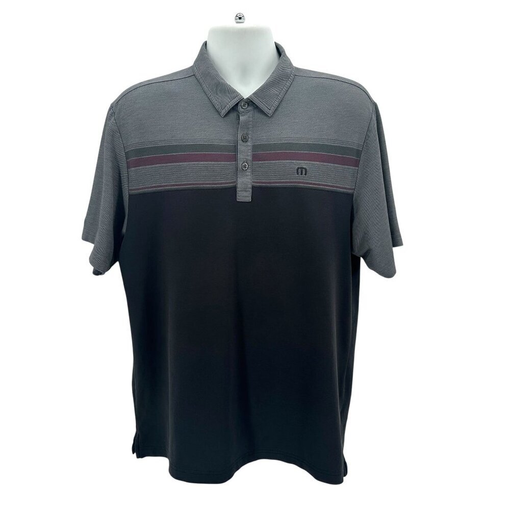 Travis Mathew Mens Large Polo Shirt Gray Red Striped Pima Cotton Blend Golf